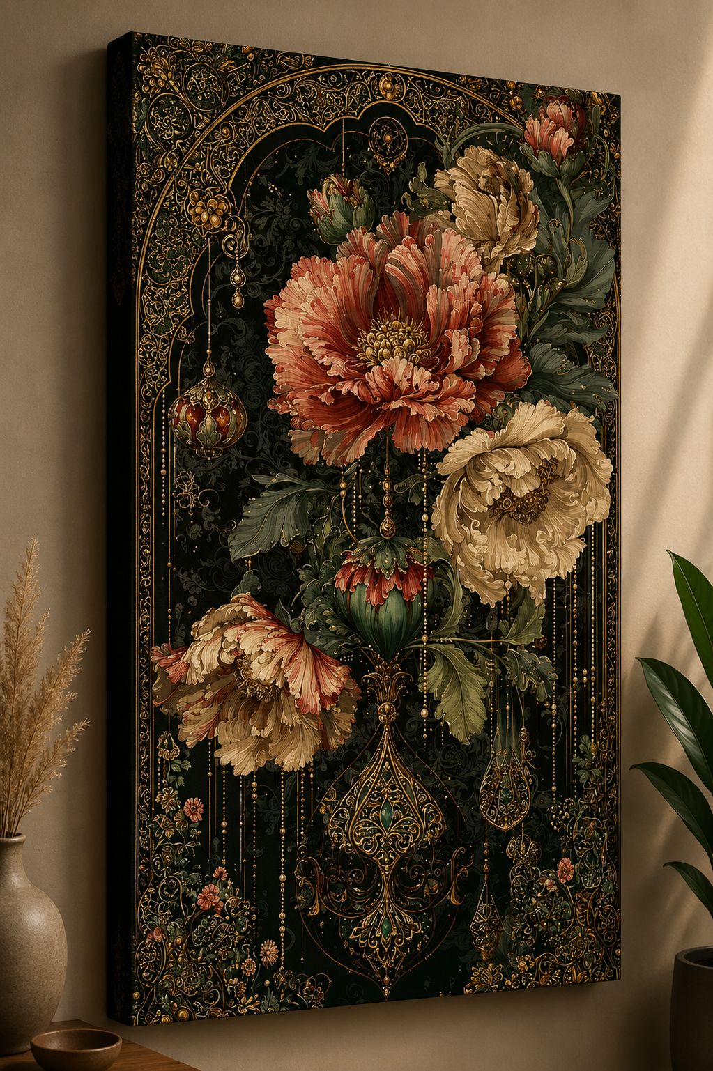 Tablou Canvas Bujori și Filigran de Aur